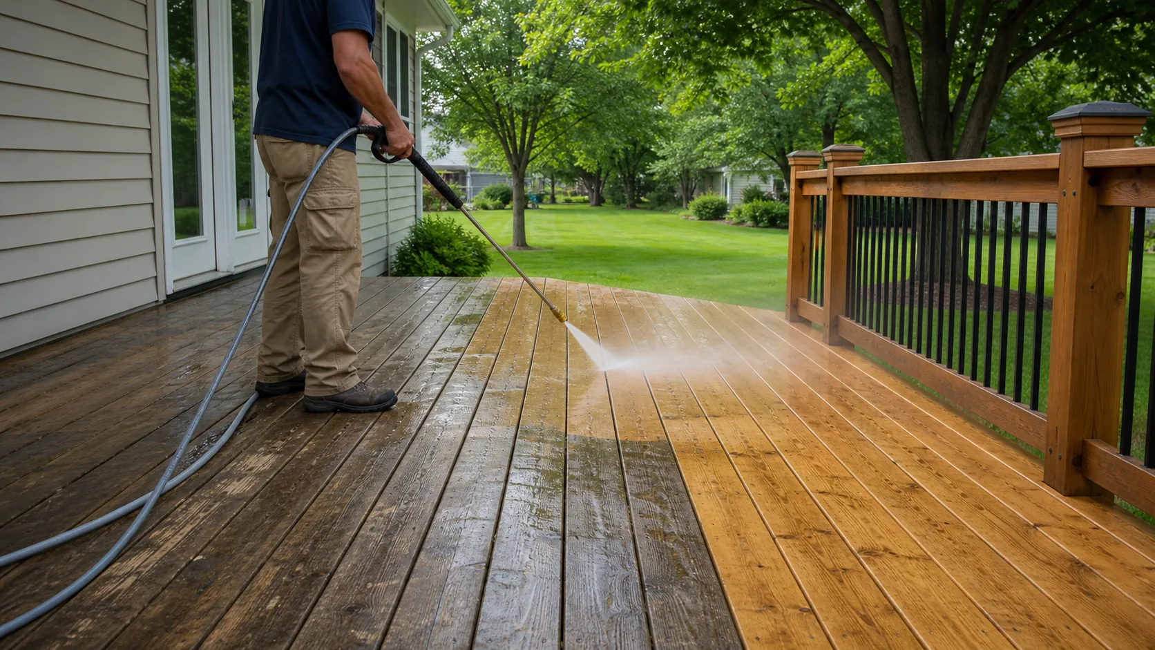 Professional cleaning a weathered wood deck with controlled pressure