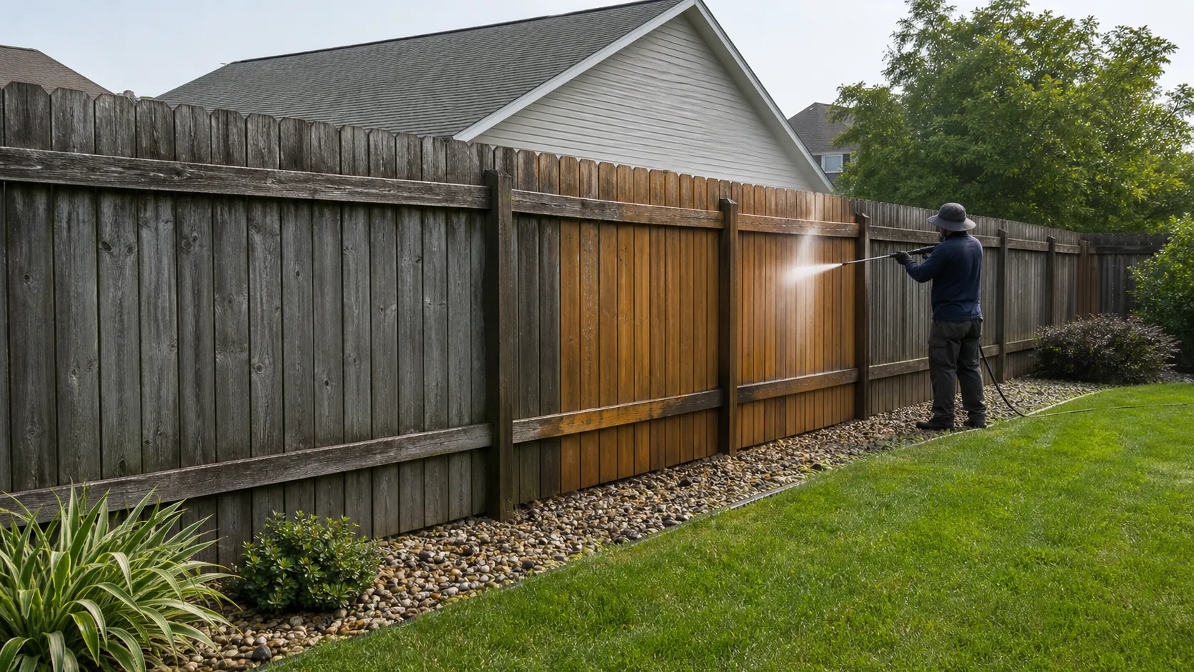 Professional cleaning a weathered wood privacy fence in a Midwest backyard