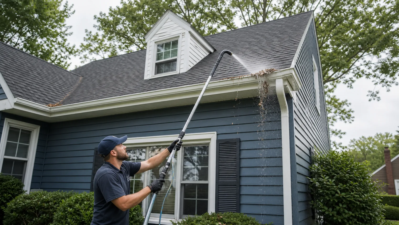 Professional using a telescoping ground tool to clear leaves from a home gutter